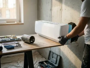 Professionele installatie van witte wandgemonteerde airconditioning door geboorde opening in betonnen muur met diamantboor