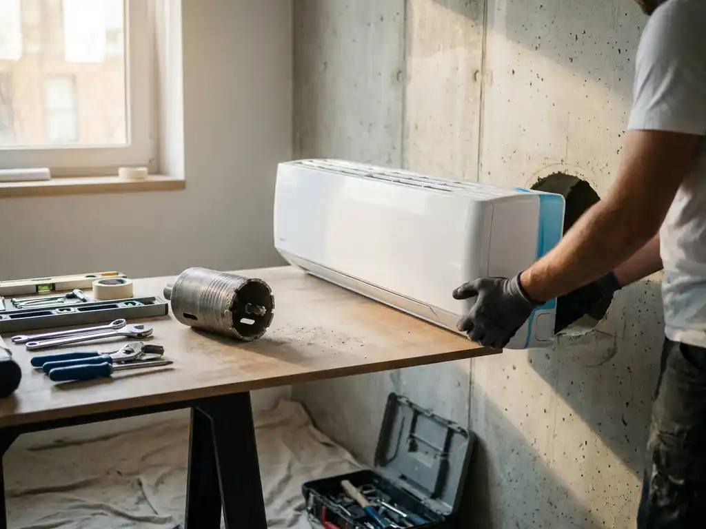 Professionele installatie van witte wandgemonteerde airconditioning door geboorde opening in betonnen muur met diamantboor
