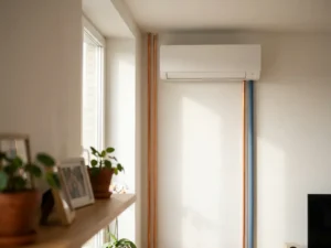 Moderne airconditioning-unit aan witte muur met twee parallelle koperen koelleidingen in natuurlijk daglicht