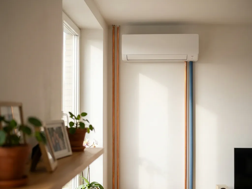 Moderne airconditioning-unit aan witte muur met twee parallelle koperen koelleidingen in natuurlijk daglicht