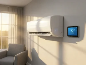 Witte wandgemonteerde airconditioning met automatisch verstelbare ventilatieroosters naast digitale thermostaat in moderne woonkamer