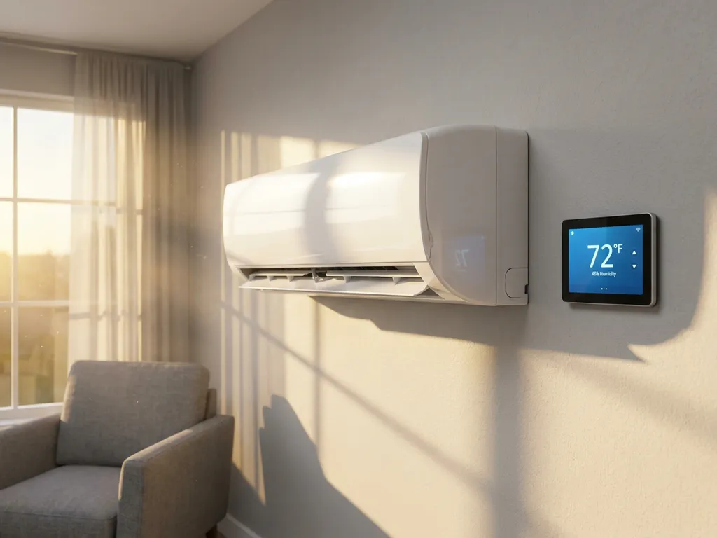 Witte wandgemonteerde airconditioning met automatisch verstelbare ventilatieroosters naast digitale thermostaat in moderne woonkamer