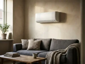 Witte wandgemonteerde airco in gezellige woonkamer hoek met grijze bank en houten salontafel