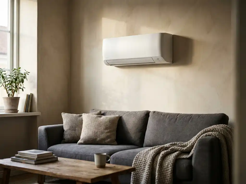 Witte wandgemonteerde airco in gezellige woonkamer hoek met grijze bank en houten salontafel