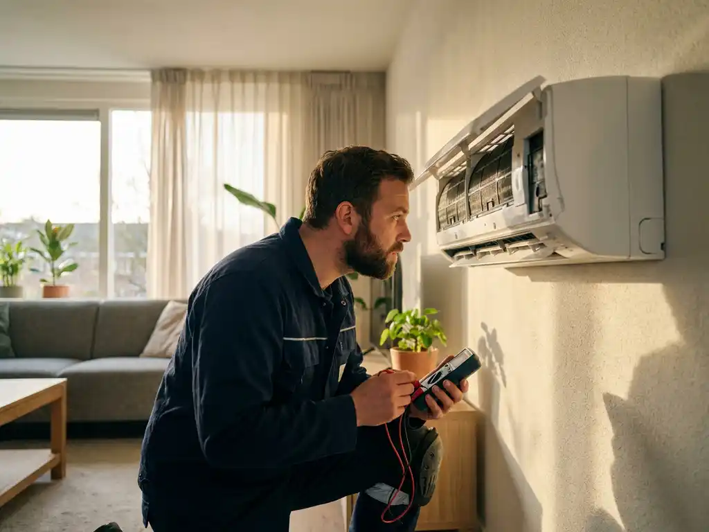 Technicus onderzoekt wandgemonteerde airconditioning met digitale multimeter in moderne Nederlandse woonkamer