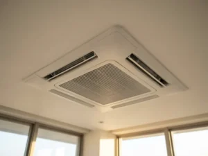 Witte plafondgemonteerde airconditioning unit met koelribben en ventilatierooster tegen schoon wit plafond