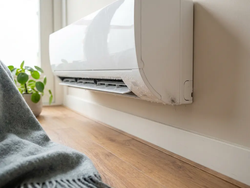 Witte airconditioning aan muur met waterdruppels en beginnende schimmelvorming in moderne Nederlandse woning