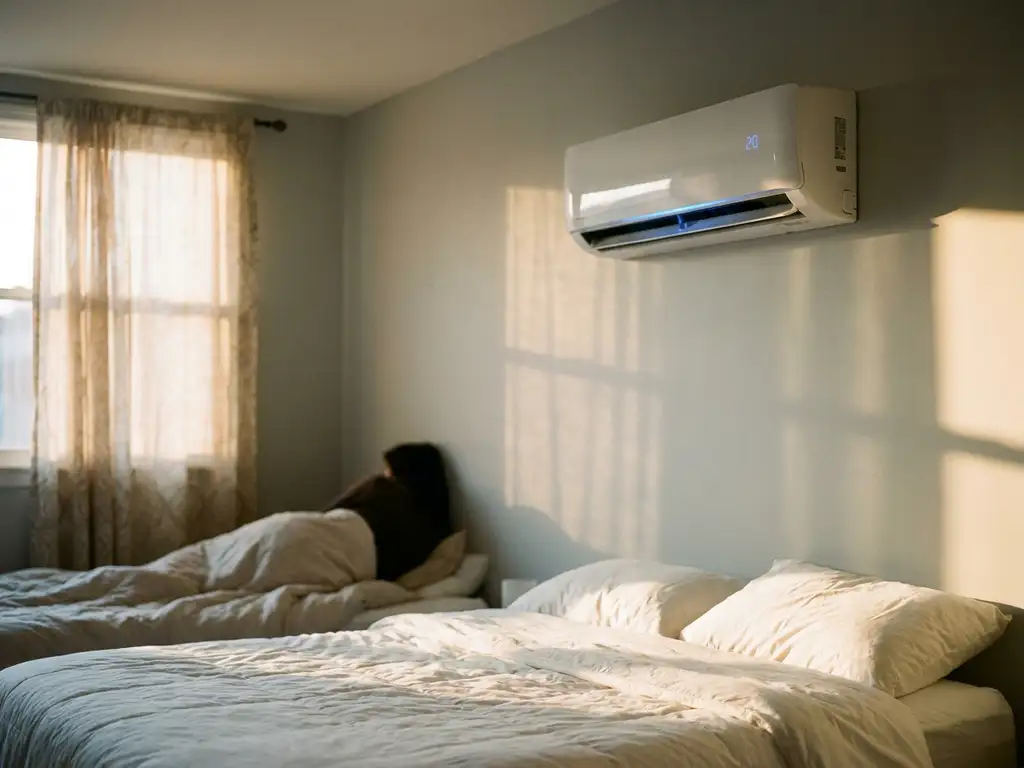 Witte airconditioner gemonteerd aan slaapkamermuur boven bed met witte lakens, persoon slapend in zachte avondverlichting