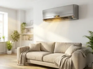 Moderne split-unit airconditioning aan witte woonkamermuur met gouden zonlicht en beige bank eronder