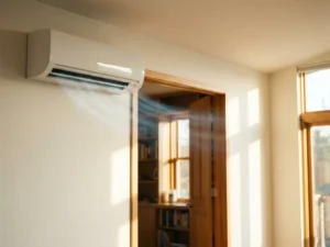 Split-unit airconditioner aan witte muur met zichtbare luchtstroom door deuropening naar aangrenzende kamer