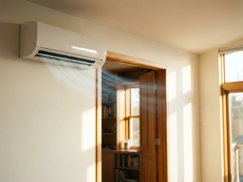 Split-unit airconditioner aan witte muur met zichtbare luchtstroom door deuropening naar aangrenzende kamer