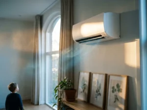 Witte airconditioning aan muur met zichtbare stofdeeltjes in zonlicht, moderne Nederlandse woonkamer