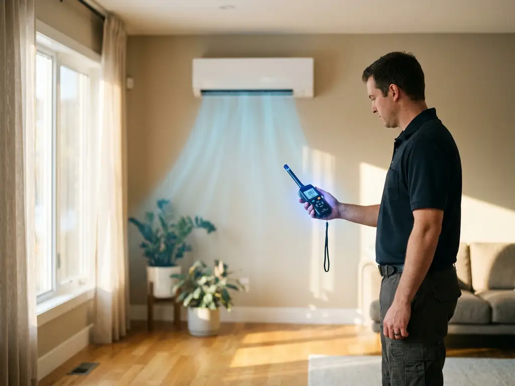 Technicus meet koude luchtstroom van witte wandgemonteerde airconditioning met digitale thermometer in moderne woonkamer