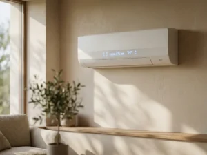 Witte wandgemonteerde airconditioner met digitaal display en timer-instellingen in moderne woonkamer met natuurlijk daglicht