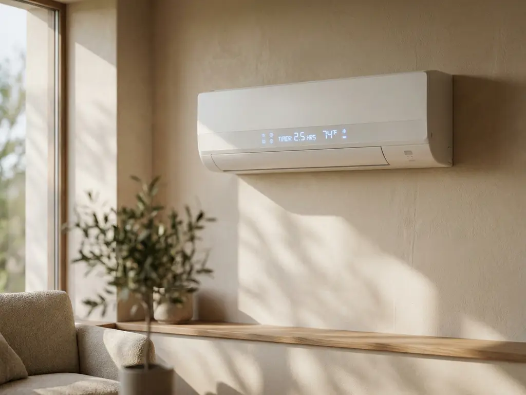 Witte wandgemonteerde airconditioner met digitaal display en timer-instellingen in moderne woonkamer met natuurlijk daglicht