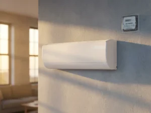 Witte wandgemonteerde airconditioner op schone muur met digitale elektriciteitsmeter en warm zonlicht door ramen