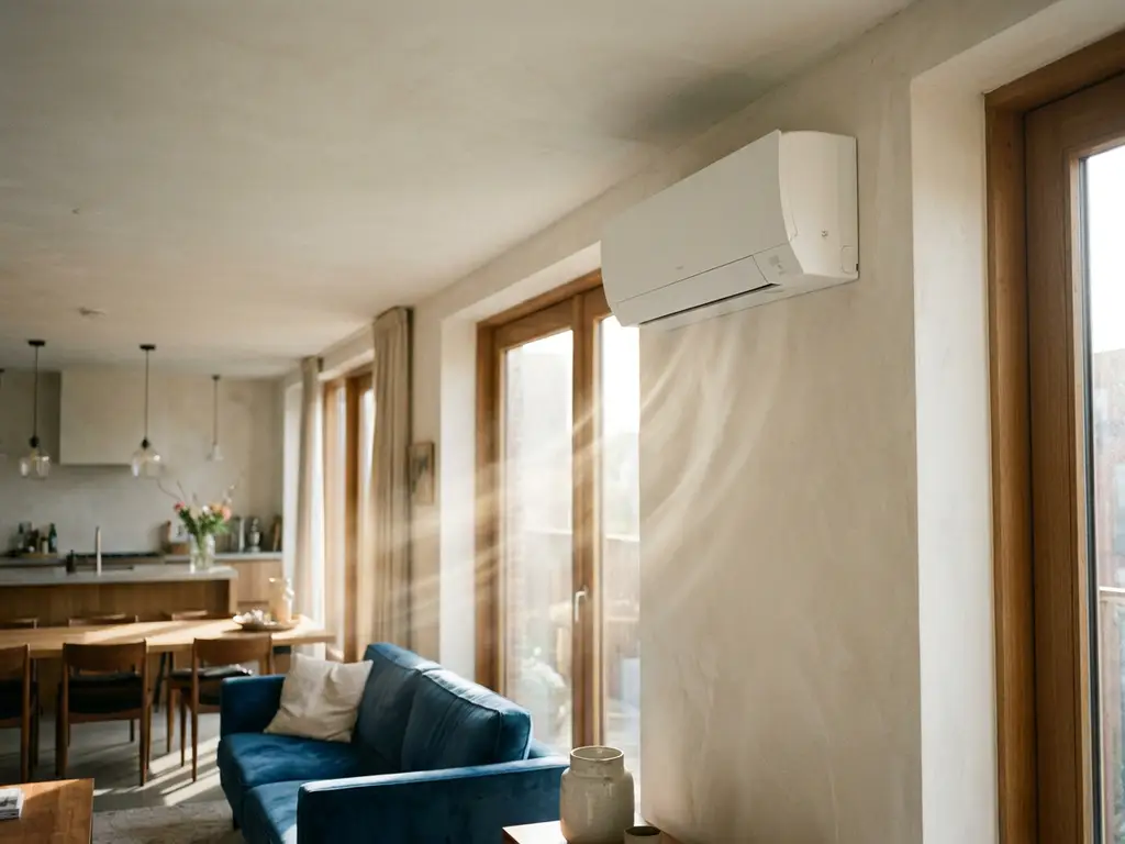 Witte wandgemonteerde airconditioning in moderne Nederlandse woonkamer met open keuken en natuurlijk daglicht