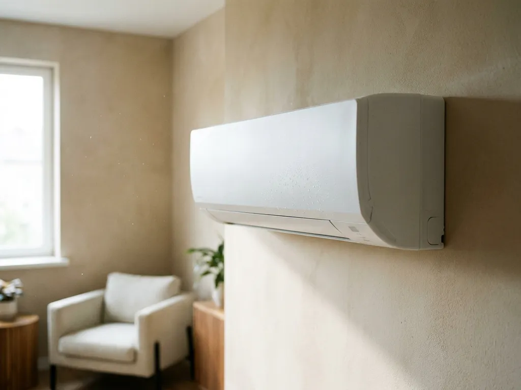 Witte wandgemonteerde airconditioning unit in moderne woonkamer hoek met waterdruppels en natuurlijk licht door raam