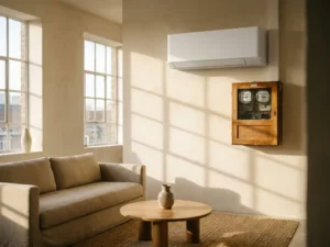 Witte airconditioning aan woonkamermuur naast houten meterkast met draaiende meters, warme middagzon door ramen