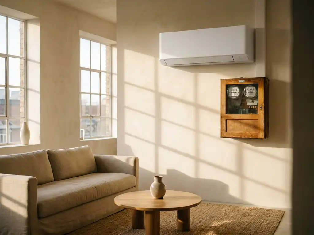 Witte airconditioning aan woonkamermuur naast houten meterkast met draaiende meters, warme middagzon door ramen