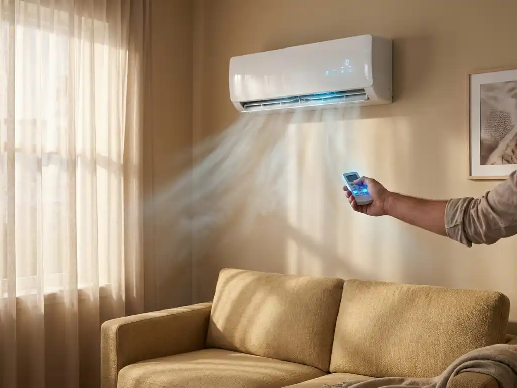 Witte airconditioning aan beige muur blaast koele lucht naar bank, hand bedient afstandsbediening in zonnige woonkamer