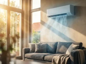 Witte airconditioner aan woonkamermuur blaast koele lucht naar moderne bank, zonlicht door ramen creëert contrast