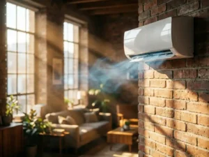 Witte airconditioning aan bakstenen muur blaast koele mist in zonovergoten woonkamer met gouden licht door ramen