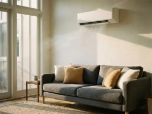 Witte wandgemonteerde airconditioning boven grijze bank in moderne woonkamer met zacht daglicht