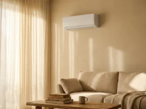 Witte wandgemonteerde airconditioning unit in beige woonkamer met zachte zonneschijn door gordijnen en houten salontafel