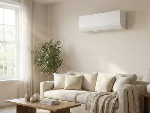Witte split-unit airconditioning aan moderne woonkamermuur met condensdruppels, zachte middaglicht door ramen
