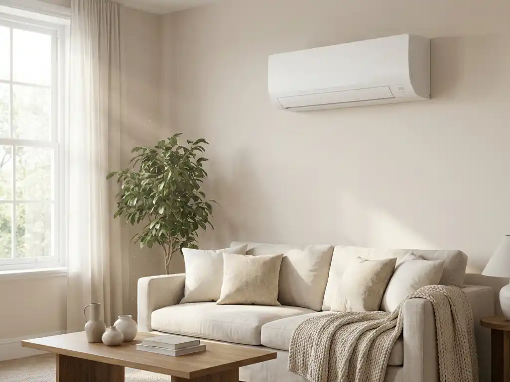 White split-unit air conditioning on a modern living room wall with condensation droplets, soft afternoon light through windows
