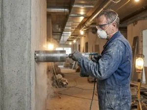 Professionele betonboorspecialist maakt nauwkeurige ronde opening in betonnen muur voor airconditioning installatie met diamant boorkop