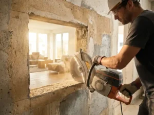 Bouwvakker gebruikt diamantboor om betonwand te verwijderen, natuurlijk licht stroomt door opening naar moderne woonruimte