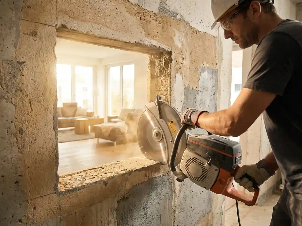 Bouwvakker gebruikt diamantboor om betonwand te verwijderen, natuurlijk licht stroomt door opening naar moderne woonruimte