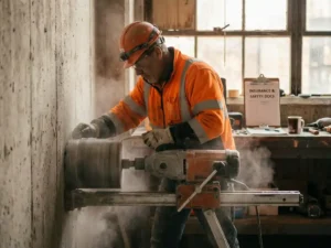 Concrete drilling specialist in safety vest uses diamond drill to drill precise holes in concrete wall