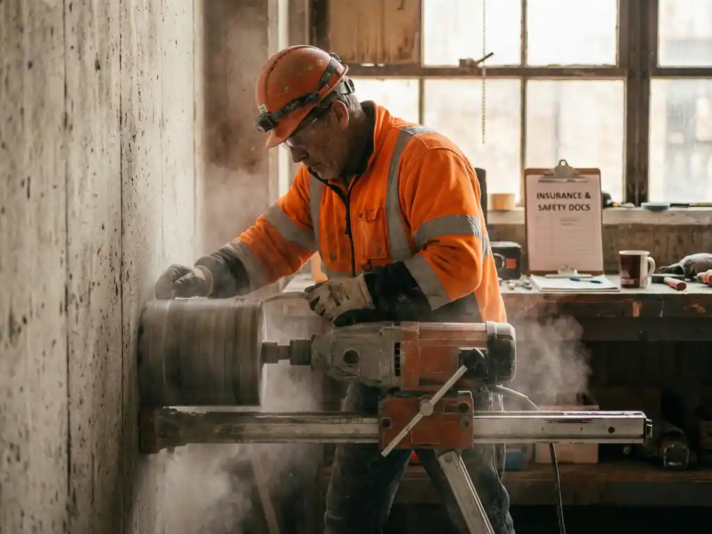 Betonboorspecialist in veiligheidsvest gebruikt diamantboor om precieze gaten in betonnen muur te boren