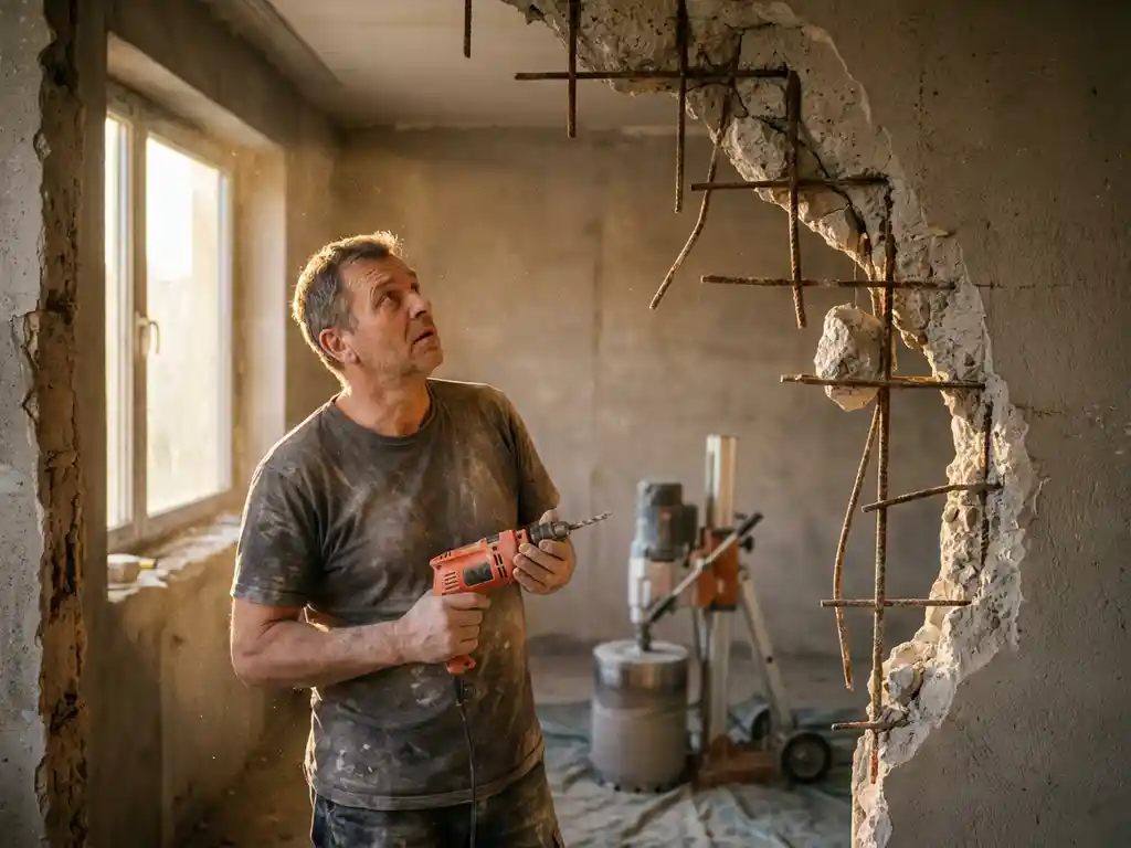 Huiseigenaar met handboor staat onzeker voor gedeeltelijk gesloopte betonnen muur met zichtbare wapening en professionele kernboorapparatuur op achtergrond