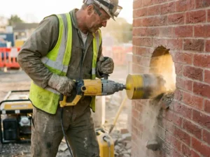 Professionele betonboorspecialist gebruikt diamant kernboor om cirkelvormig gat in bakstenen muur te boren
