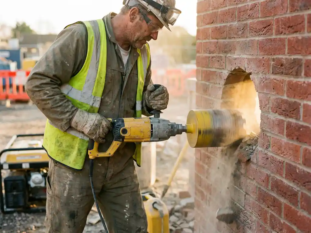 Professionele betonboorspecialist gebruikt diamant kernboor om cirkelvormig gat in bakstenen muur te boren