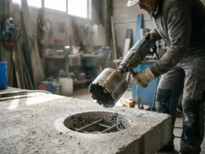 Professionele betonboorspecialist positioneert diamantkernboor boven cirkelvormige opening in dikke betonvloer