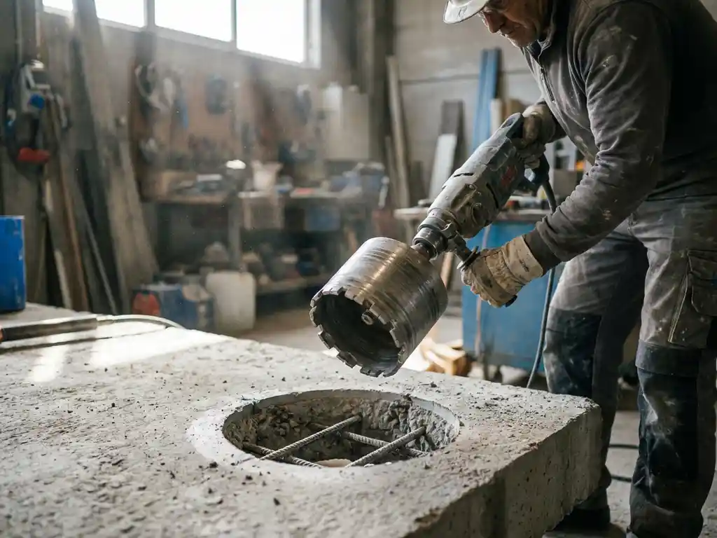 Professionele betonboorspecialist positioneert diamantkernboor boven cirkelvormige opening in dikke betonvloer