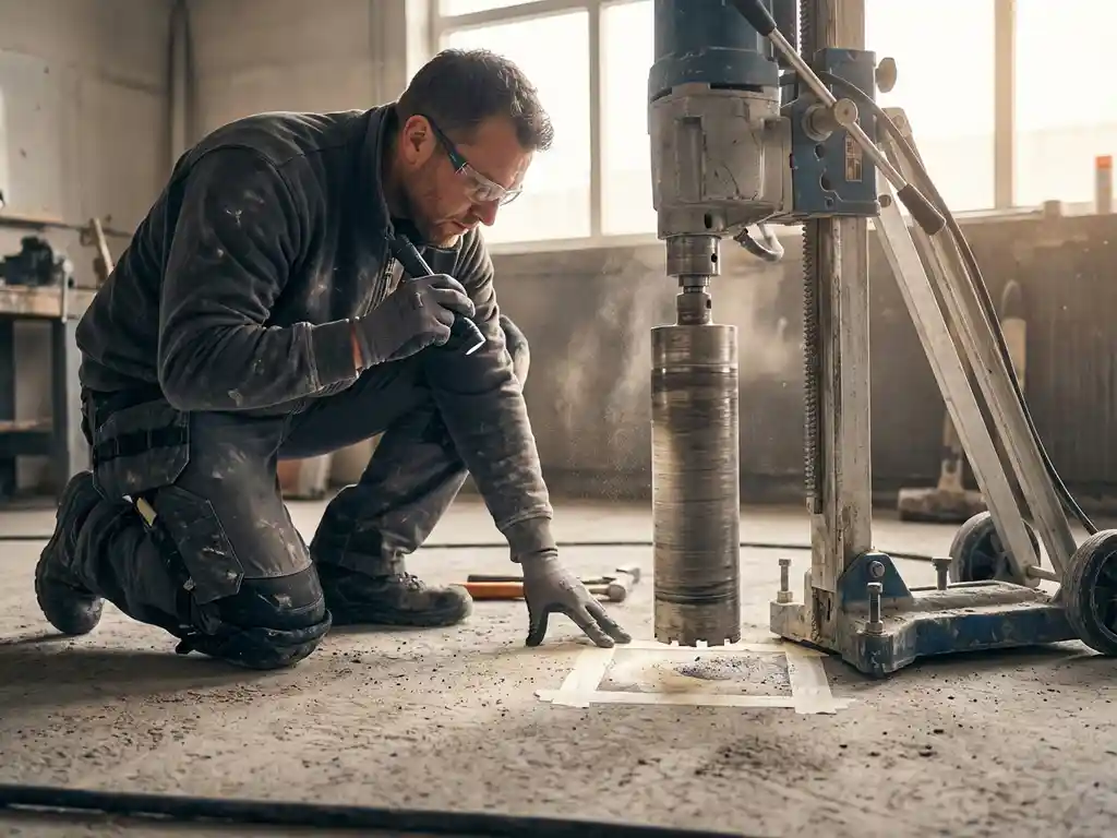 Professionele betonboorspecialist onderzoekt betonvloer naast diamant kernboormachine in werkplaats met natuurlijk licht