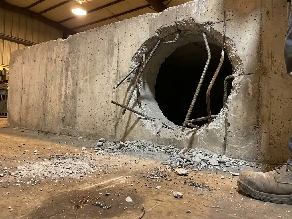 Groot rond gat geboord door betonnen muur met zichtbare gebogen wapeningsstaven en betonpuin op werkplaatsvloer