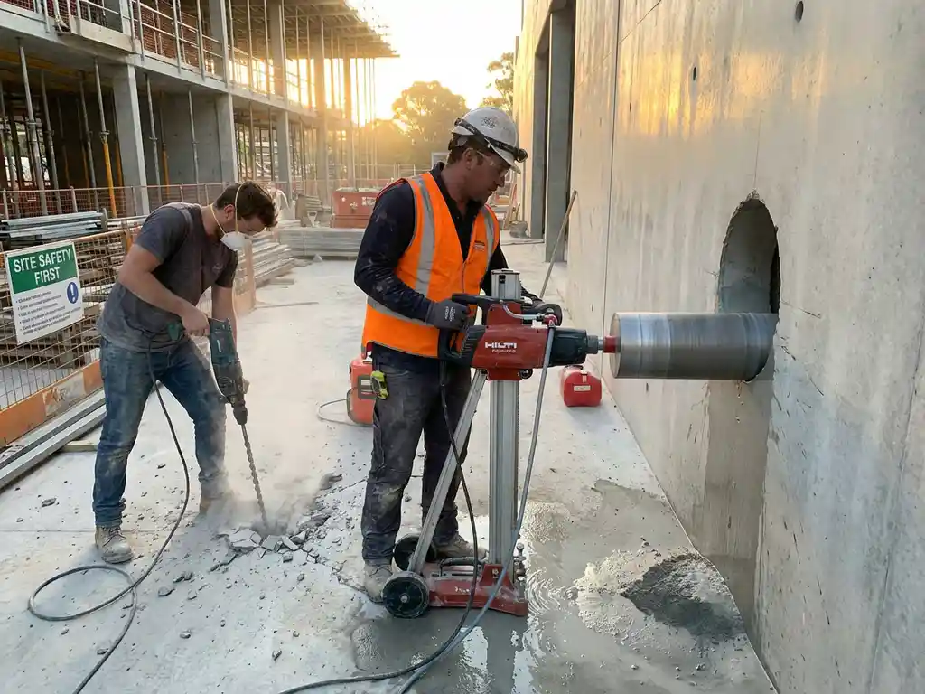 Professionele betonboorspecialist gebruikt diamant kernboor voor precisie gat terwijl amateur DIY poging scheuren veroorzaakt