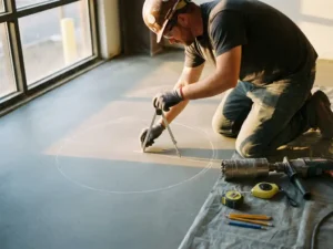 Bouwvakker meet en markeert cirkelvormige opening voor trap op betonnen vloer met kernboor en meetgereedschap