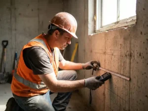 Bouwvakker inspecteert betonnen funderingsmuur met meetlint en controleert veilige boorlocaties rond wapeningsstaal