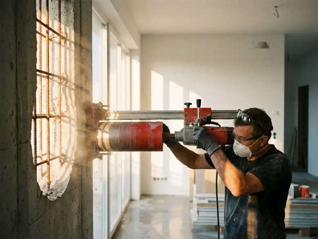 Bouwvakker gebruikt diamantboor om dragende betonnen muur te doorsnijden, staalwapening zichtbaar in moderne woning