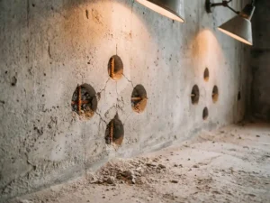 Betonnen muur met meerdere geboorde gaten van verschillende groottes, zichtbare wapening en scheuren tussen de openingen