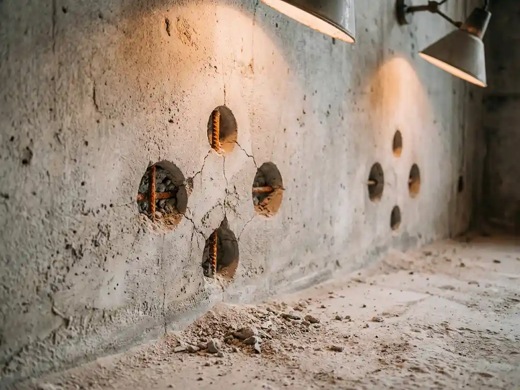 Betonnen muur met meerdere geboorde gaten van verschillende groottes, zichtbare wapening en scheuren tussen de openingen