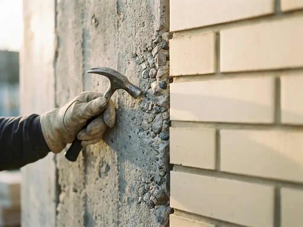 Professionele hand met hamer test ruwe betonnen muur naast gladde gele kalksteen bakstenen, natuurlijk daglicht